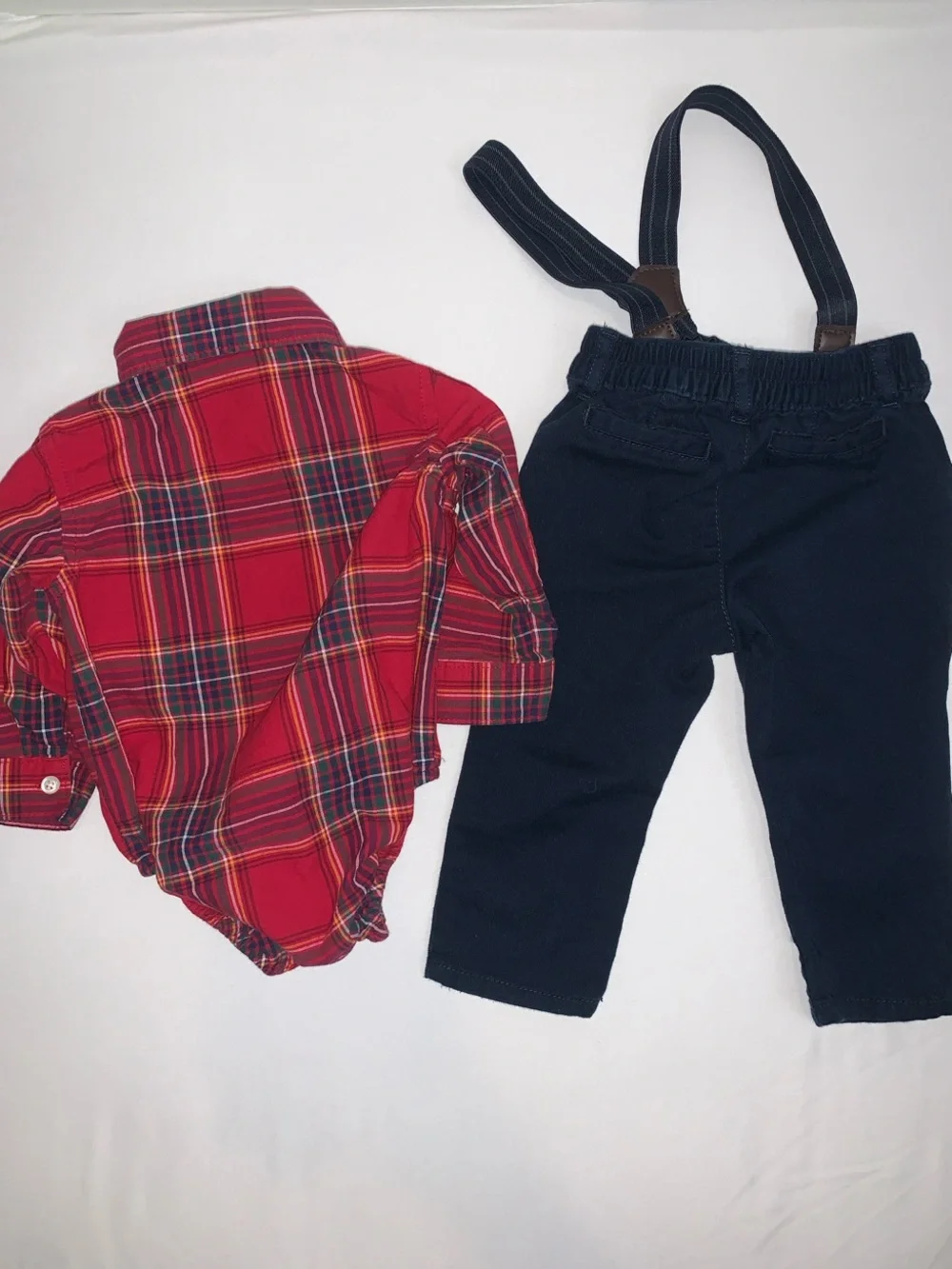 The Children's Place Red Plaid Button-Up with Navy Suspender Pants - Picture 7 of 8